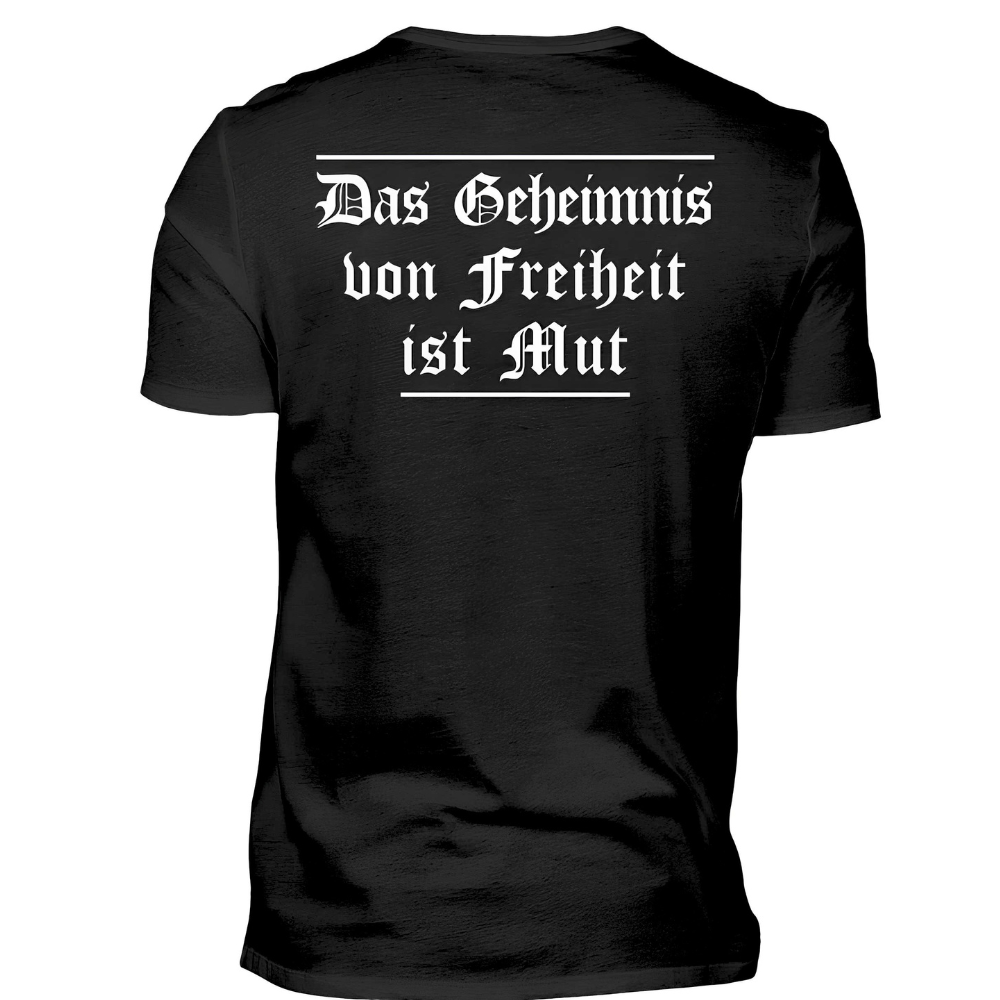 Das Geheimnis von Freiheit ist Mut - Premium T-Shirt Rückendruck