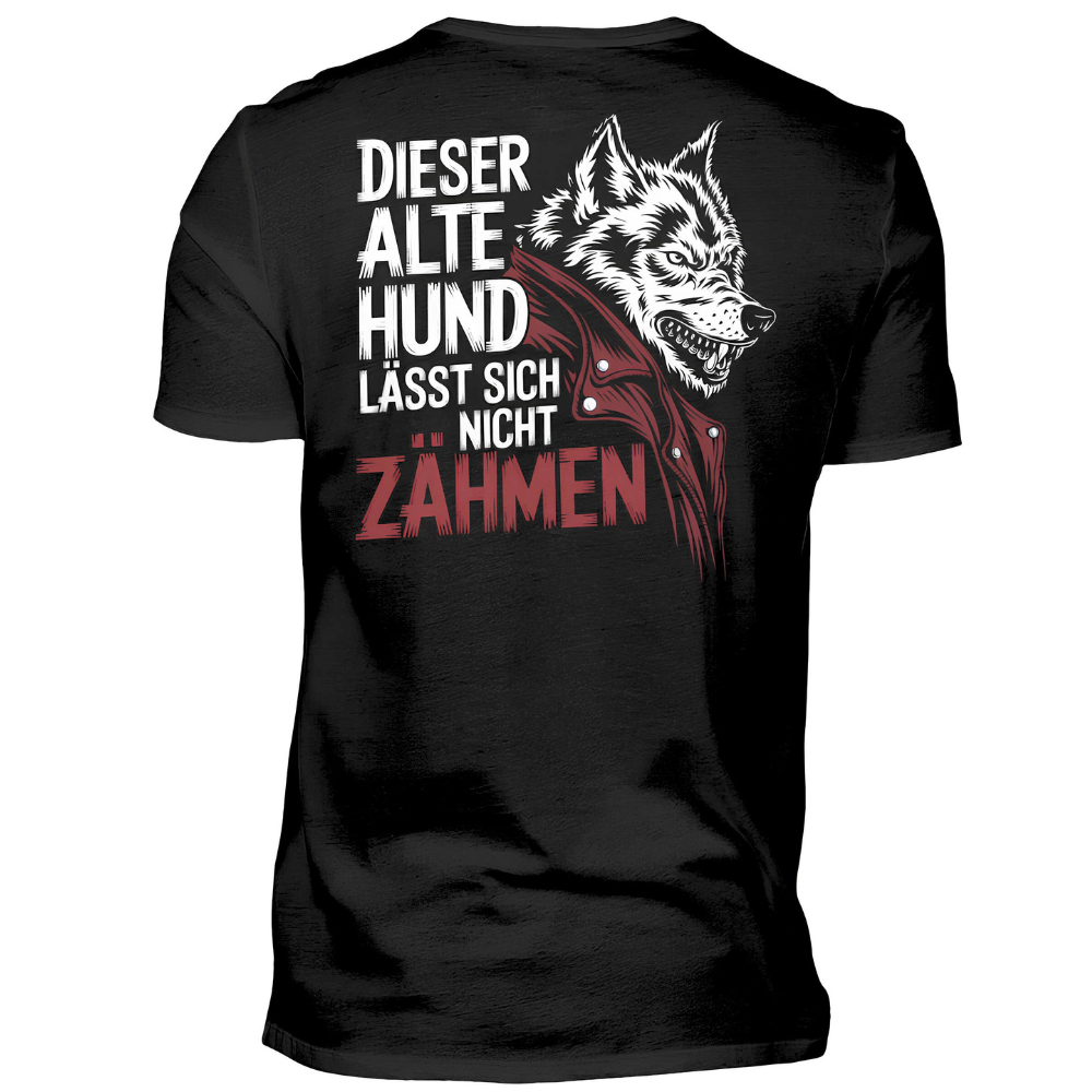 Dieser alte Hund lässt sich nicht zähmen - Premium T-Shirt Rückendruck