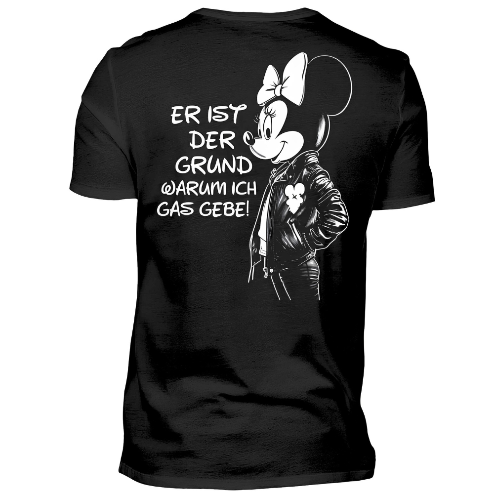 Er ist der Grund warum ich Gas gebe! - Premium Damen T-Shirt (Rückendruck)