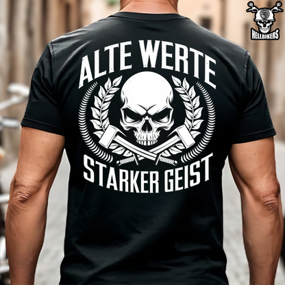 Alte Werte / Starker Geist - Premium T-Shirt (Rückendruck)