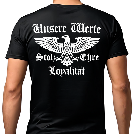 Unsere Werte: Stolz, Ehre & Loyalität - Premium T-Shirt Rückendruck